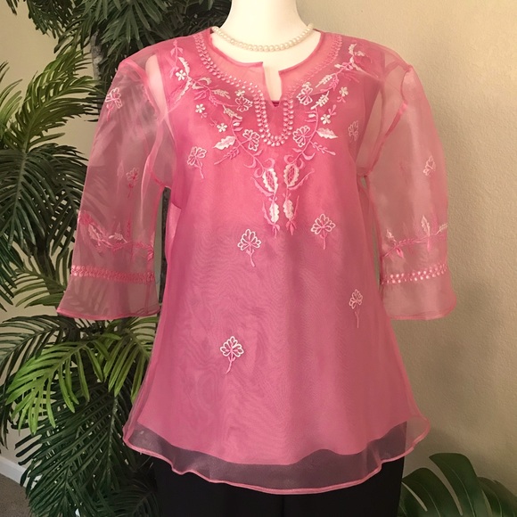 Tops - Blush Pink Kimona Blouse or Ladies Barong Tagalog with beautiful embroidery